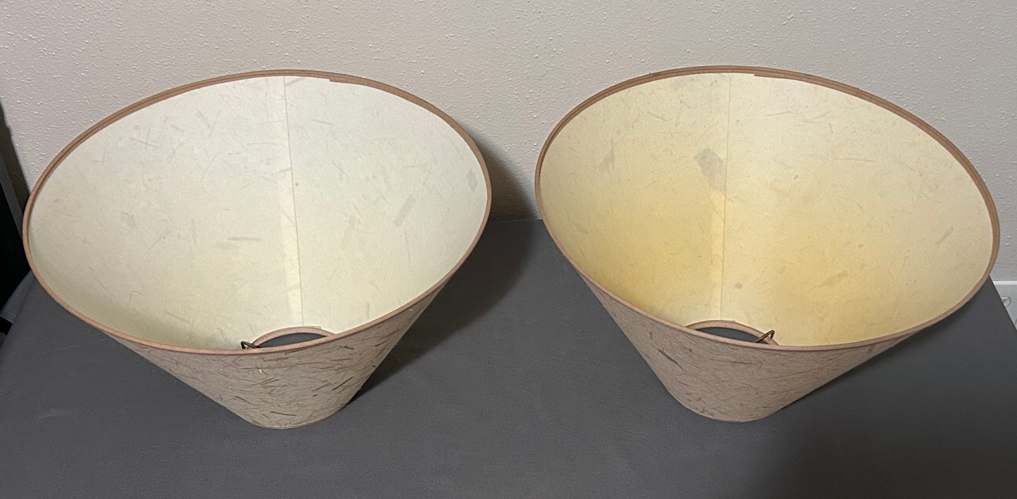 Pair of Vintage 1980’s American Postmodern Pastel Pink Banded Textured Ceramic Base Table Lamps with Thai Banana Paper Shades