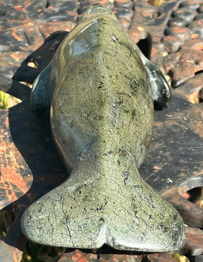 Vintage Canadian Inuit Beluga Whale Serpentine Stone Carving by Nooshoota Paduq (1979)