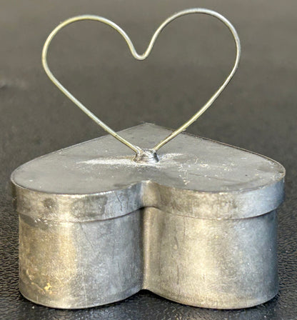 Vintage Circa 1970 American Folk Art Heart-Shaped Tin Metal Trinket Box with Wire Heart Handle