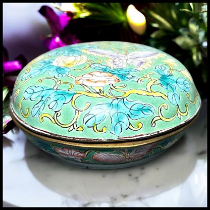 Vintage 1986 Knights of Sparta Chinese-Style Cloisonne on Brass Butterfly/Floral Motifs Round Trinket Box Mardi Gras Krewe Favor