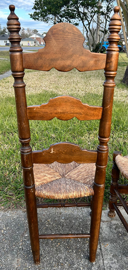 Pair of Vintage Mid 20th Century Spanish Country Style Carved Maple Wood/Upholstered Rush Seat High Ladderback Dining Chairs