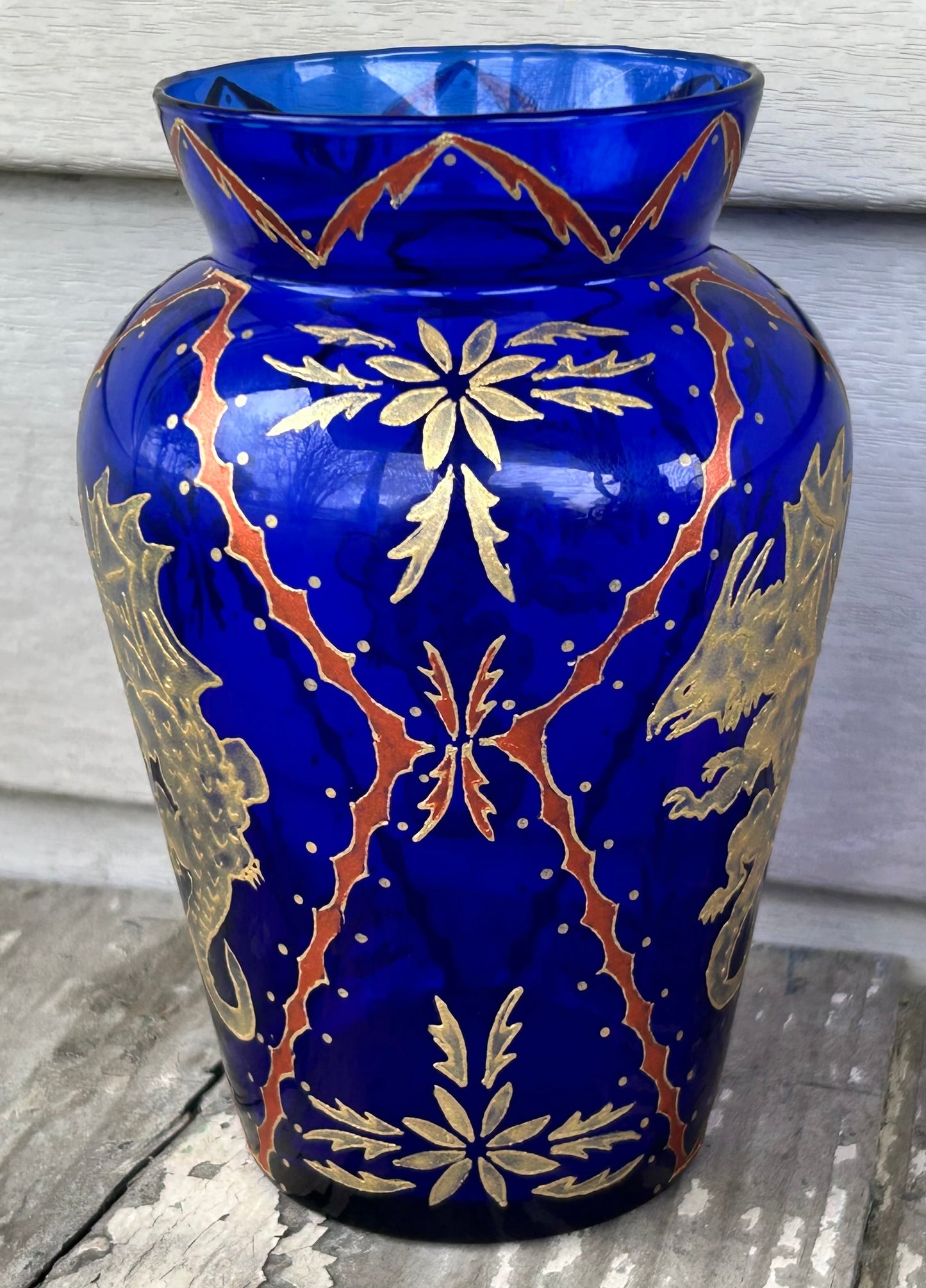 Jaryn/Bruce Orr Art Glass Contemporary Cobalt Blue Gilded Painted Dragon/Foliate Motifs Baluster Vase (1995/1996) (American)