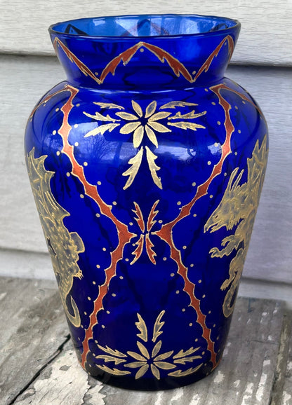 Jaryn/Bruce Orr Art Glass Contemporary Cobalt Blue Gilded Painted Dragon/Foliate Motifs Baluster Vase (1995/1996) (American)