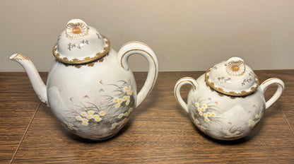 Early 20th Century Japanese Kutani Porcelain Hand-Painted Gilded Chrysanthemum Floral/Mountain Creek Landscape Motifs Teapot and Lidded Sugar Bowl Set (Meiji Period)