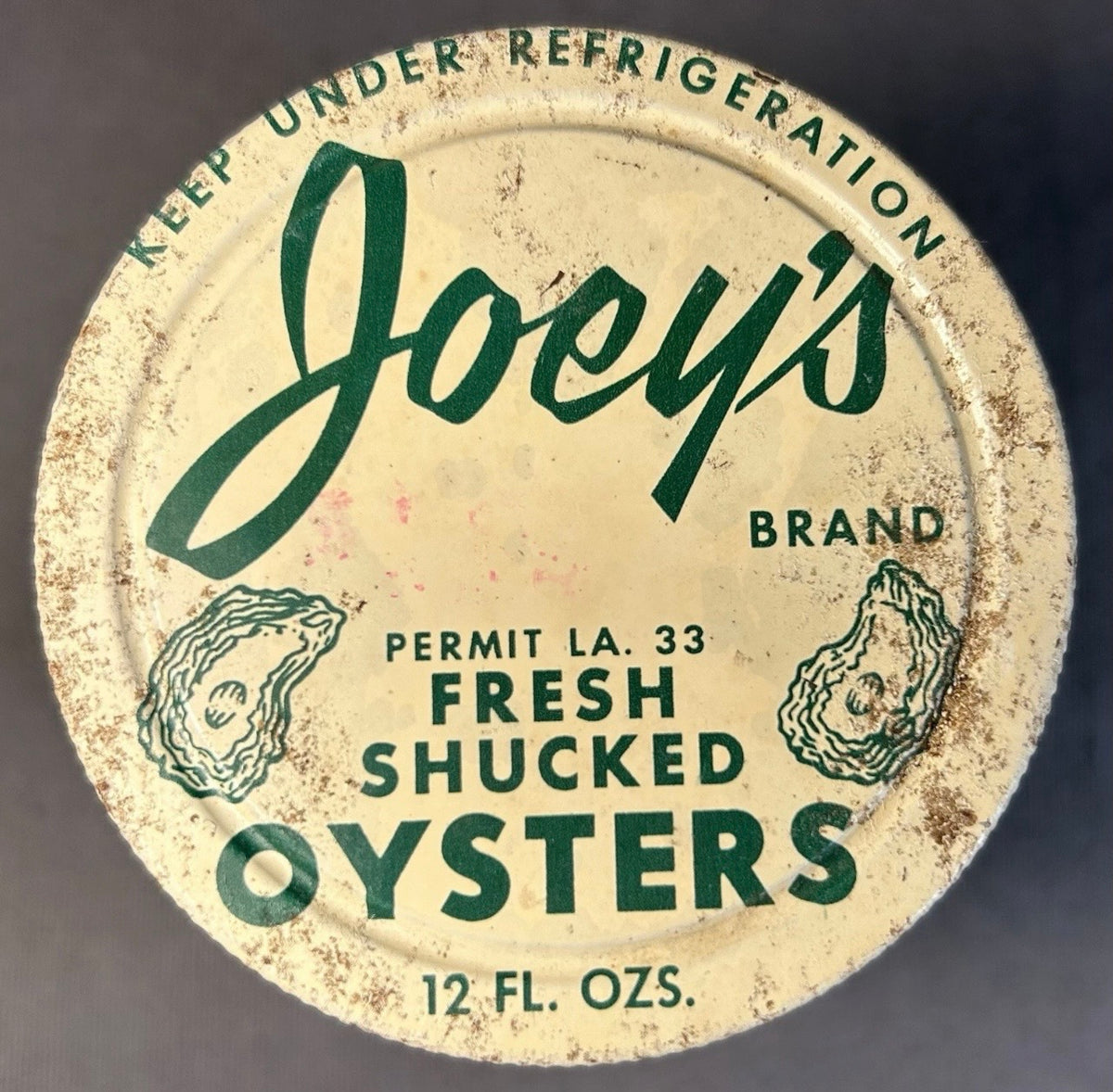 Vintage 1950’s American Joey’s Fresh Shucked Oysters Amite, Louisiana Glass/Metal Lid 12 Oz. Jar
