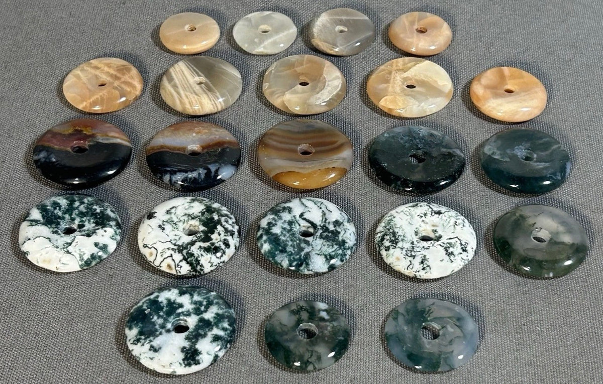 Lot of 22 Natural Carved Polished Carnelian, Banded Agate, Tree Agate, Moss Agate, and Quartz Donut Jewelry Pendants
