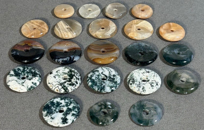Lot of 22 Natural Carved Polished Carnelian, Banded Agate, Tree Agate, Moss Agate, and Quartz Donut Jewelry Pendants