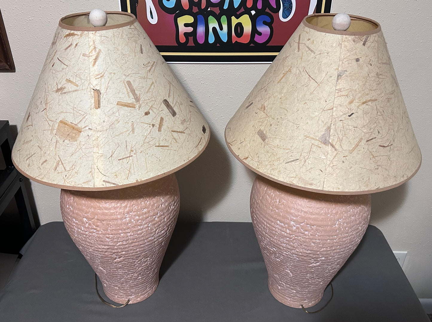 Pair of Vintage 1980’s American Postmodern Pastel Pink Banded Textured Ceramic Base Table Lamps with Thai Banana Paper Shades