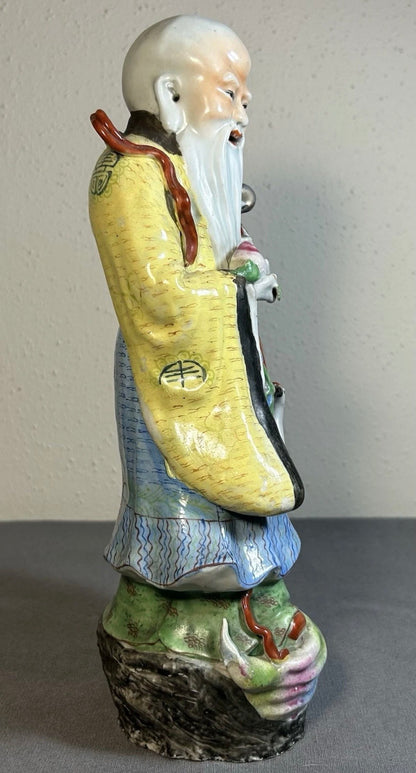 1920’s Chinese Famille Rose Porcelain Taoist Shou Lao God of Longevity Hand-Painted Statue (Early Republic Period)