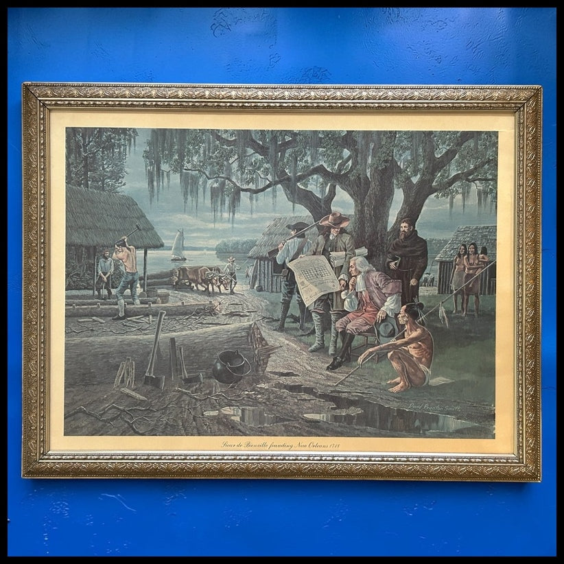 Vintage David Preston Smith - “Sieur de Bienville Founding New Orleans 1718” Framed Lithograph Print (20th Century) (Canadian)