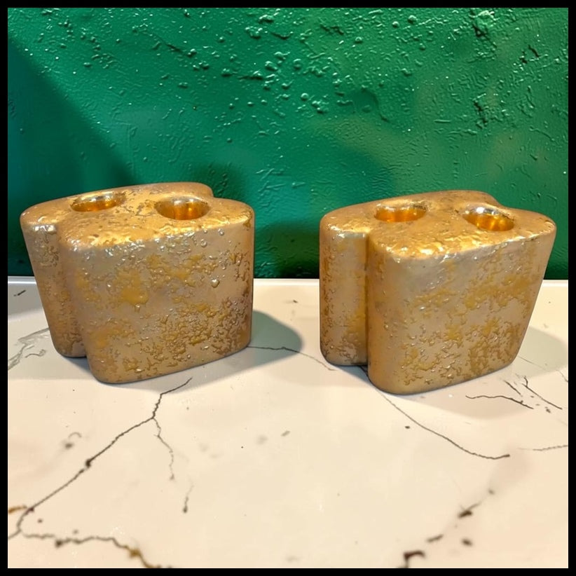 Pair of Vintage 1950's American Mid Century Modern Hollywood Regency Le Mieux China Ceramic Weeping Gold Double Candlesticks