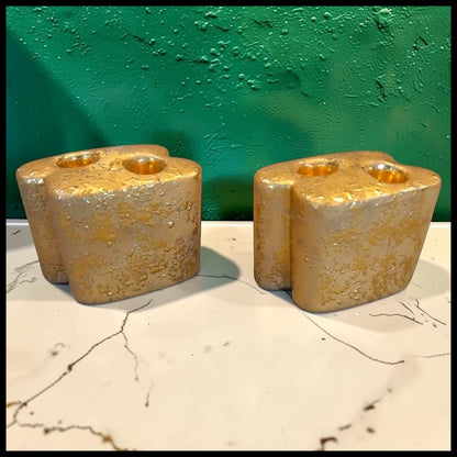 Pair of Vintage 1950's American Mid Century Modern Hollywood Regency Le Mieux China Ceramic Weeping Gold Double Candlesticks