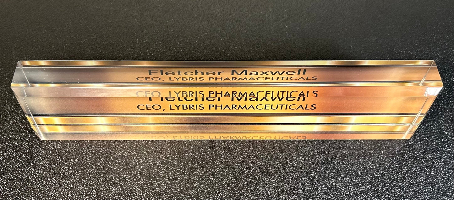 Leverage: Redemption Season 1 Episode 1 Fletcher Maxwell CEO Lybris Pharmaceuticals Acrylic Executive Desk Name Plate T.V. Prop (“The Too Many Rembrandts Job”)