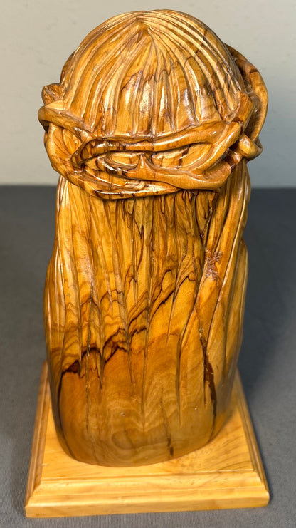 Christian Hand-Carved Holy Land Olive Wood Jesus Christ Bust Sculpture on Wooden Plinth Base Made in Bethlehem, Israel