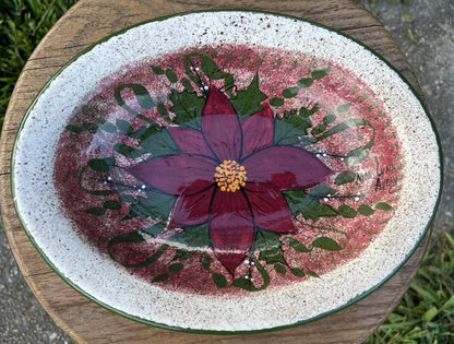 Vintage Late 1970’s American Mid Century Modern Mary Lynn Avery Art Pottery Ceramic Christmas Poinsettia Flower Motif Oval Shallow Bowl