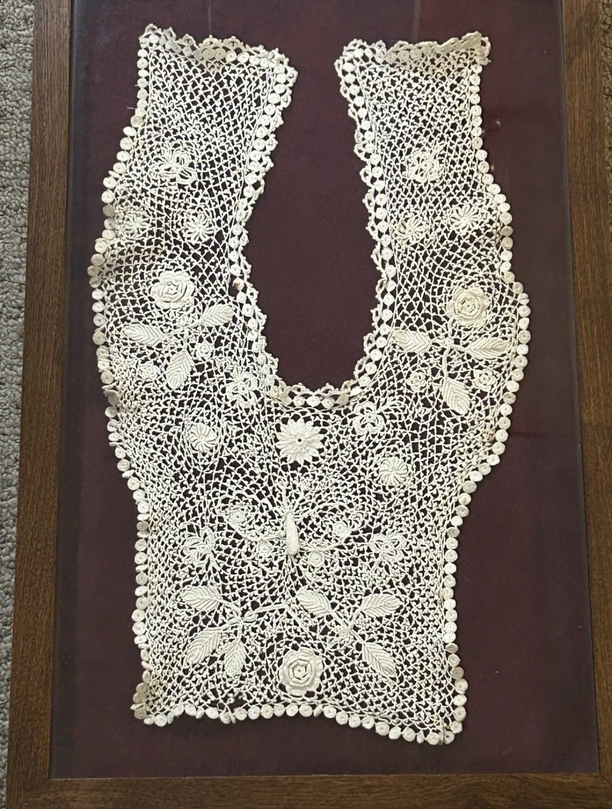 Early 20th Century Irish Crochet Lace Rose Motifs Plastron Bodice Insert Set in Contemporary Shadowbox Frame