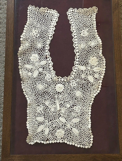 Early 20th Century Irish Crochet Lace Rose Motifs Plastron Bodice Insert Set in Contemporary Shadowbox Frame