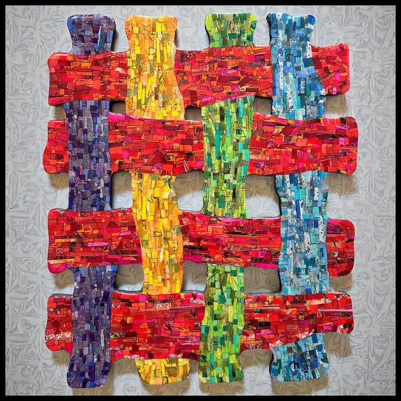 Cynthia Kolls Contemporary Style Resin/Magazine Paper Clippings on Wood Mixed Media Woven Crosshatch Symbol Wall-Hanging Art (21st Century) (Louisiana)