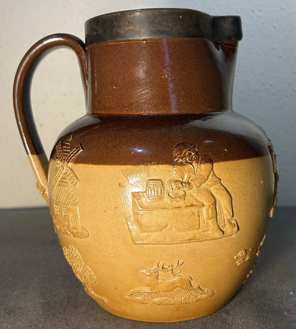 1899 English Victorian Doulton Lambeth Pottery Stoneware/Spurrier & Co. Sterling Silver Rim Harvest Jug