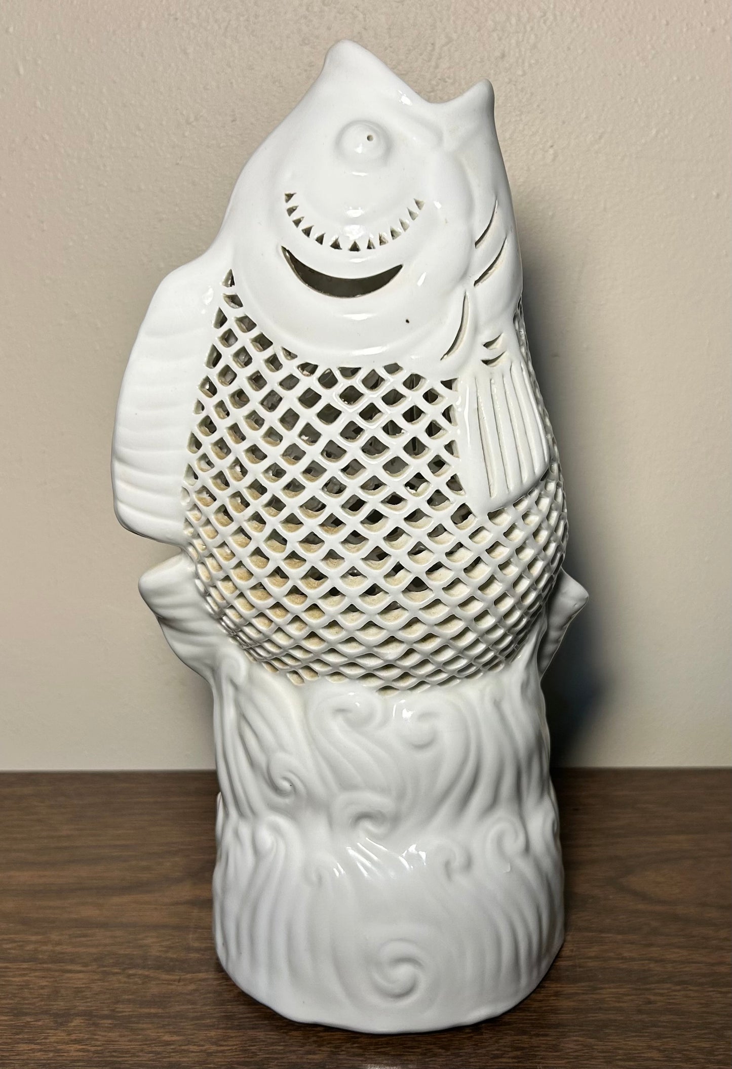 Vintage 1960’s Chinese Dehua Blanc de Chine Porcelain Reticulated Koi Carp Fish Sculpture