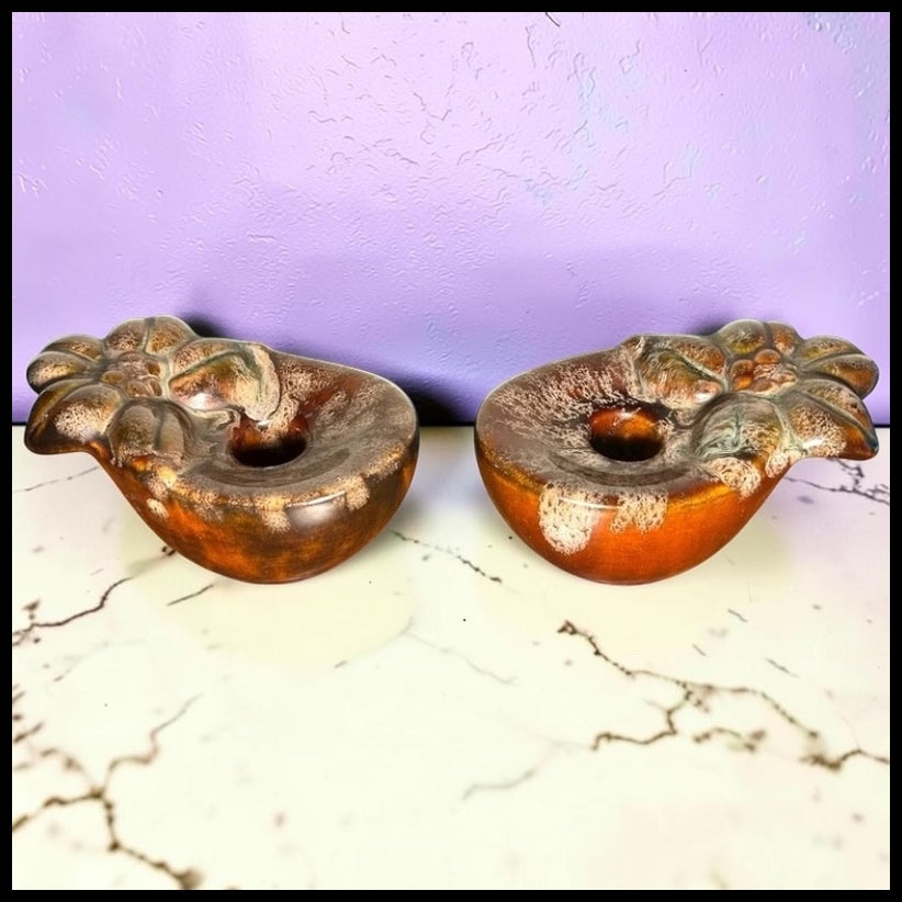 Pair of Vintage 1960’s American Mid Century Modern Brown Ceramic Drip Glaze Flower Bowl Form Votive Candle Holders