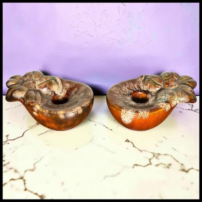 Pair of Vintage 1960’s American Mid Century Modern Brown Ceramic Drip Glaze Flower Bowl Form Votive Candle Holders