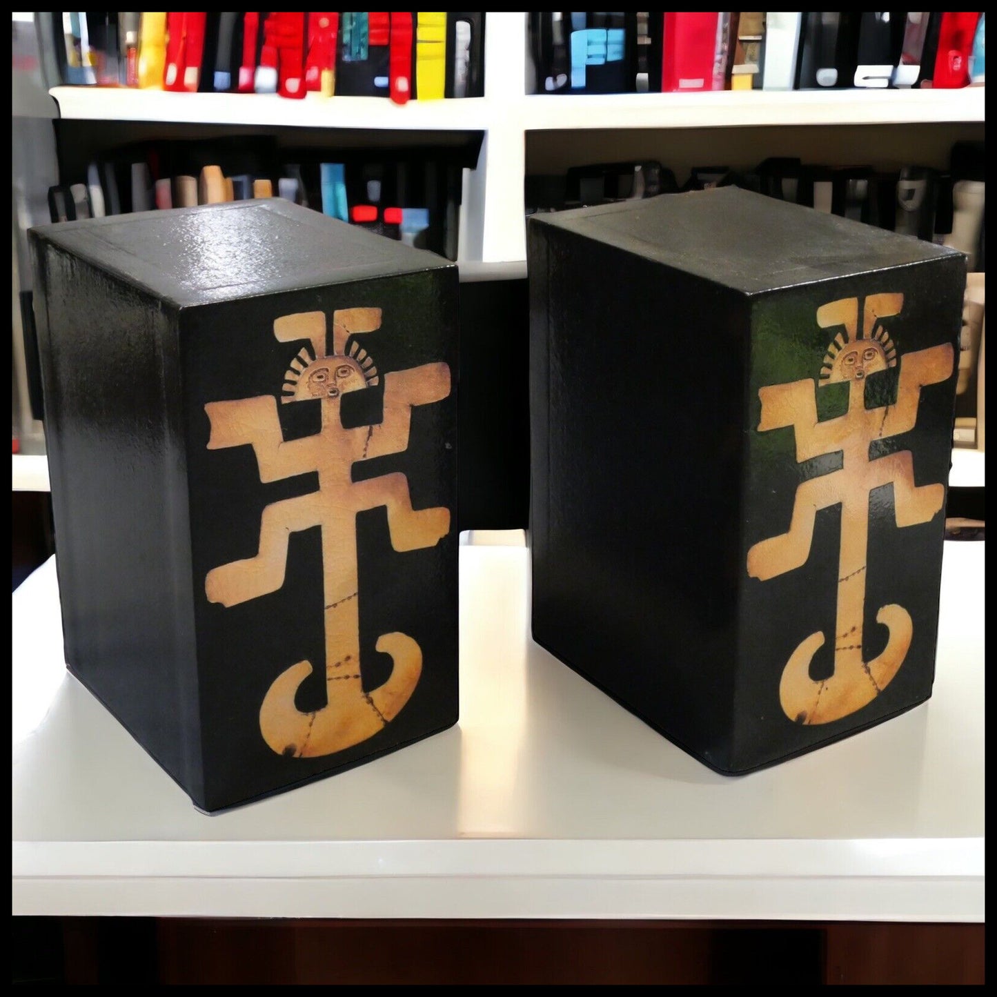 Pair of Vintage Mid 20th Century Contemporary Style Pre-Columbian Toloma Anthropomorphic Motif Leather Covered Weighted Bookends