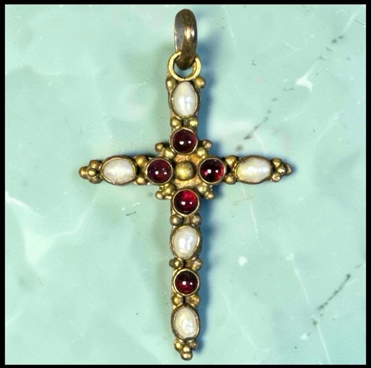 Vintage 1960’s American Gold-Washed Sterling Silver Bezel-Set Red Garnet Gemstones/Cultured Pearls Cross Pendant Jewelry