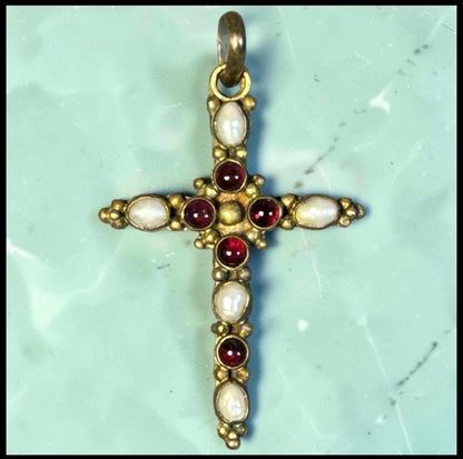 Vintage 1960’s American Gold-Washed Sterling Silver Bezel-Set Red Garnet Gemstones/Cultured Pearls Cross Pendant Jewelry
