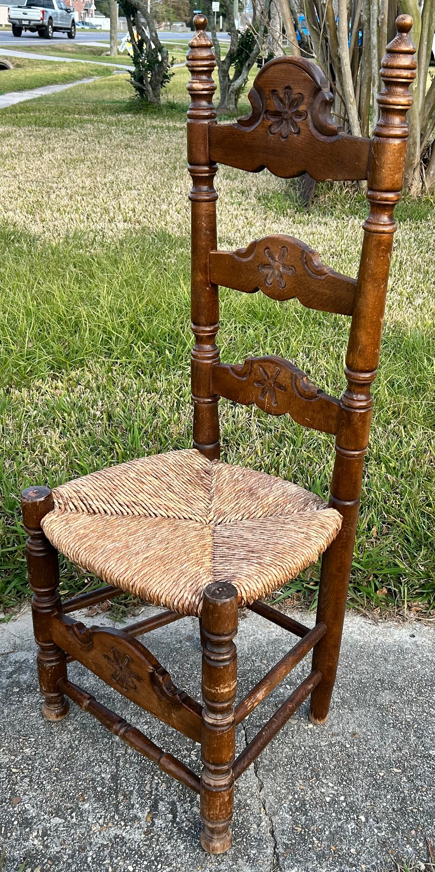 Pair of Vintage Mid 20th Century Spanish Country Style Carved Maple Wood/Upholstered Rush Seat High Ladderback Dining Chairs