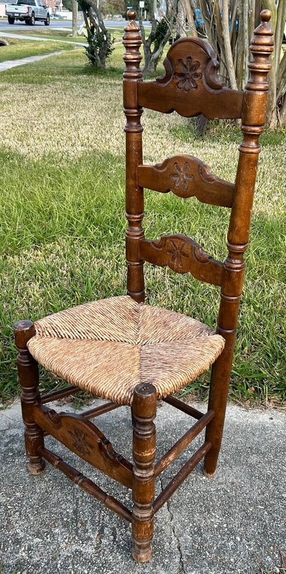 Pair of Vintage Mid 20th Century Spanish Country Style Carved Maple Wood/Upholstered Rush Seat High Ladderback Dining Chairs