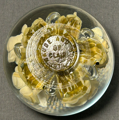 Vintage 1979 American Maude and Bob St. Clair Art Glass Mid Century Modern White Flowers/Controlled Bubbles Paperweight