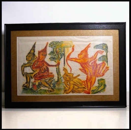 Vintage Circa 1970 Thai Ramakien King Rama and Tosakanth Colorful Temple Rubbing on Rice Paper Framed Art