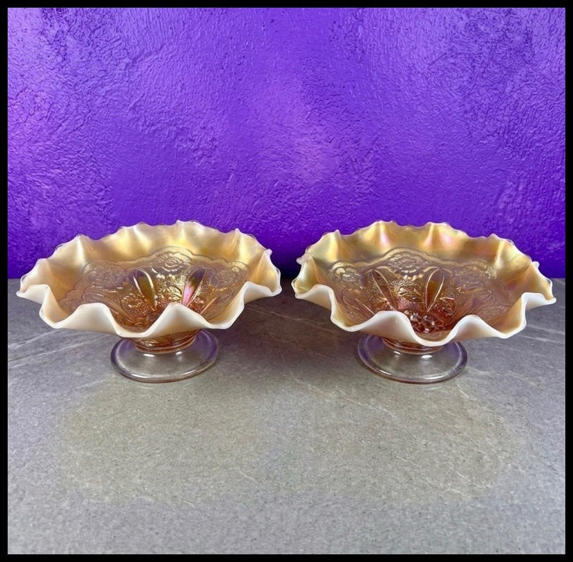 Pair of Circa 1915-1925 American Fenton Marigold/Opalescent Carnival Glass Lustre Rose Pattern Footed Compotes