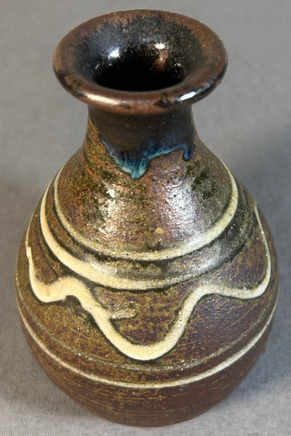 Vintage Mid 20th Century American Mid Century Modern Studio Art Pottery Glazed Brown Stoneware Baluster Bud Vase