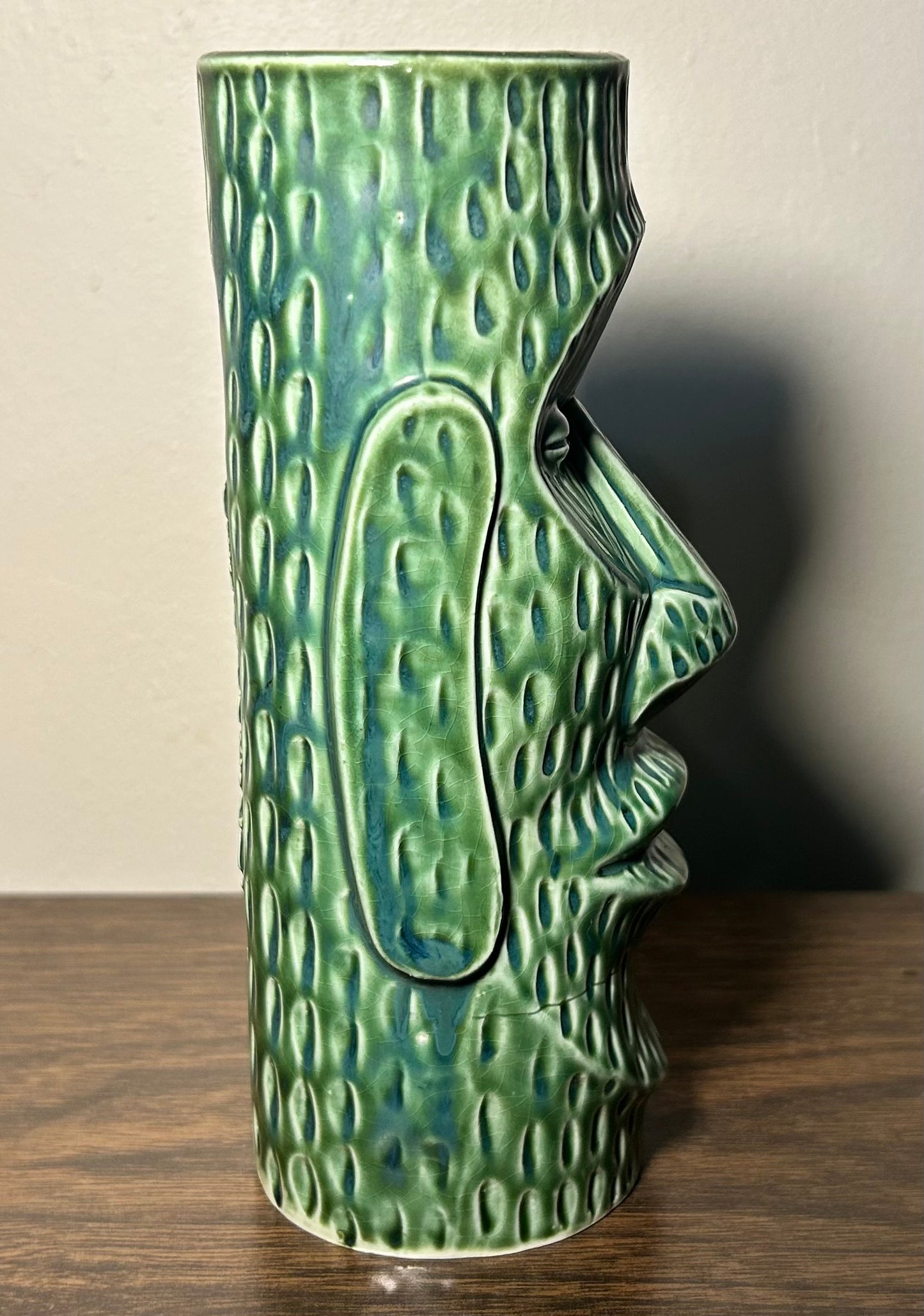 Vintage 1970’s Huki Lau Metairie, Louisiana Ceramic Green Tiki Moai Glass