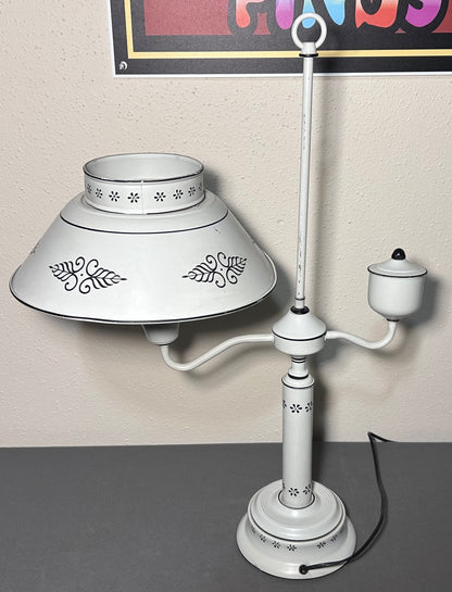 Vintage Mid 20th Century American Country Style White/Black Toleware Metal Student Desk Lamp