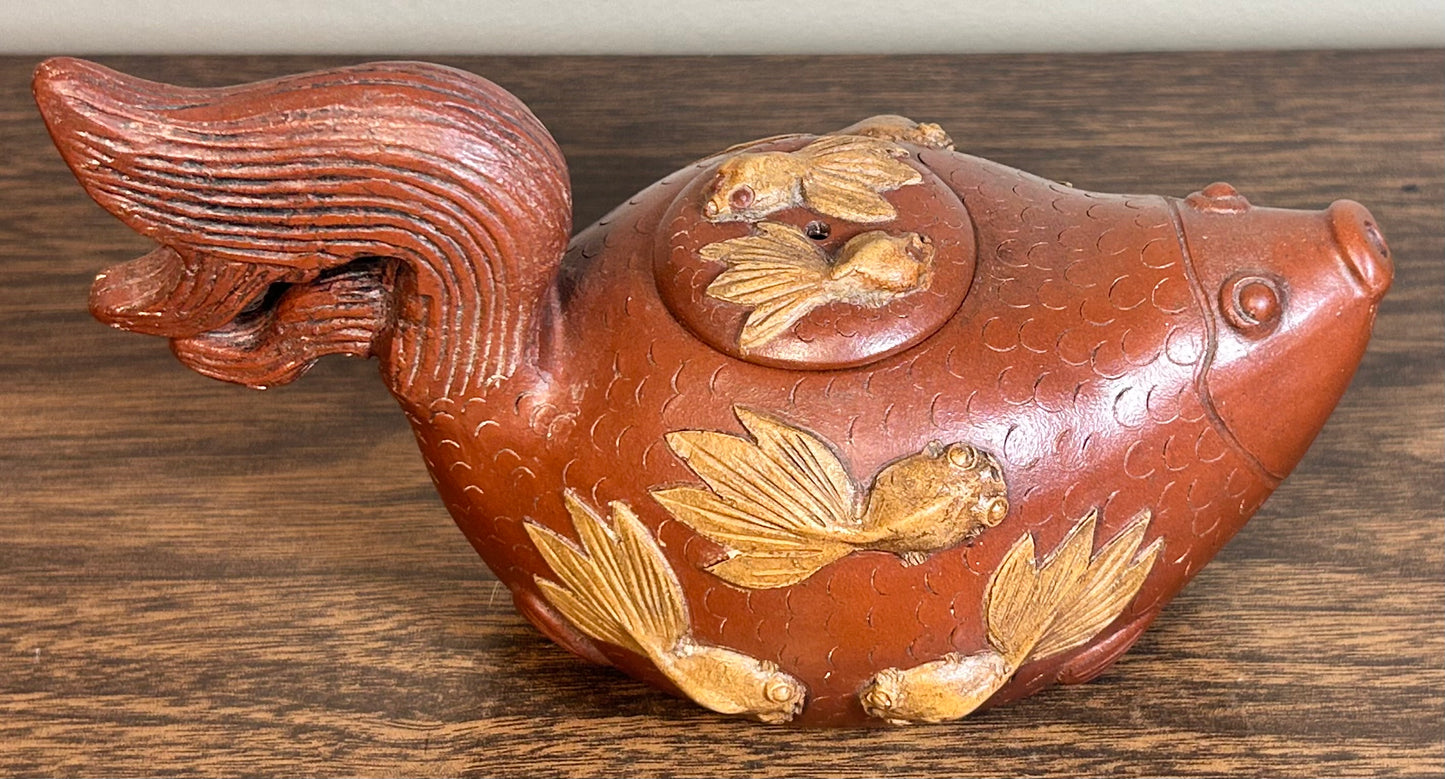 Vintage 1990’s Chinese Yixing Zisha Clay Koi Fish Form Teapot