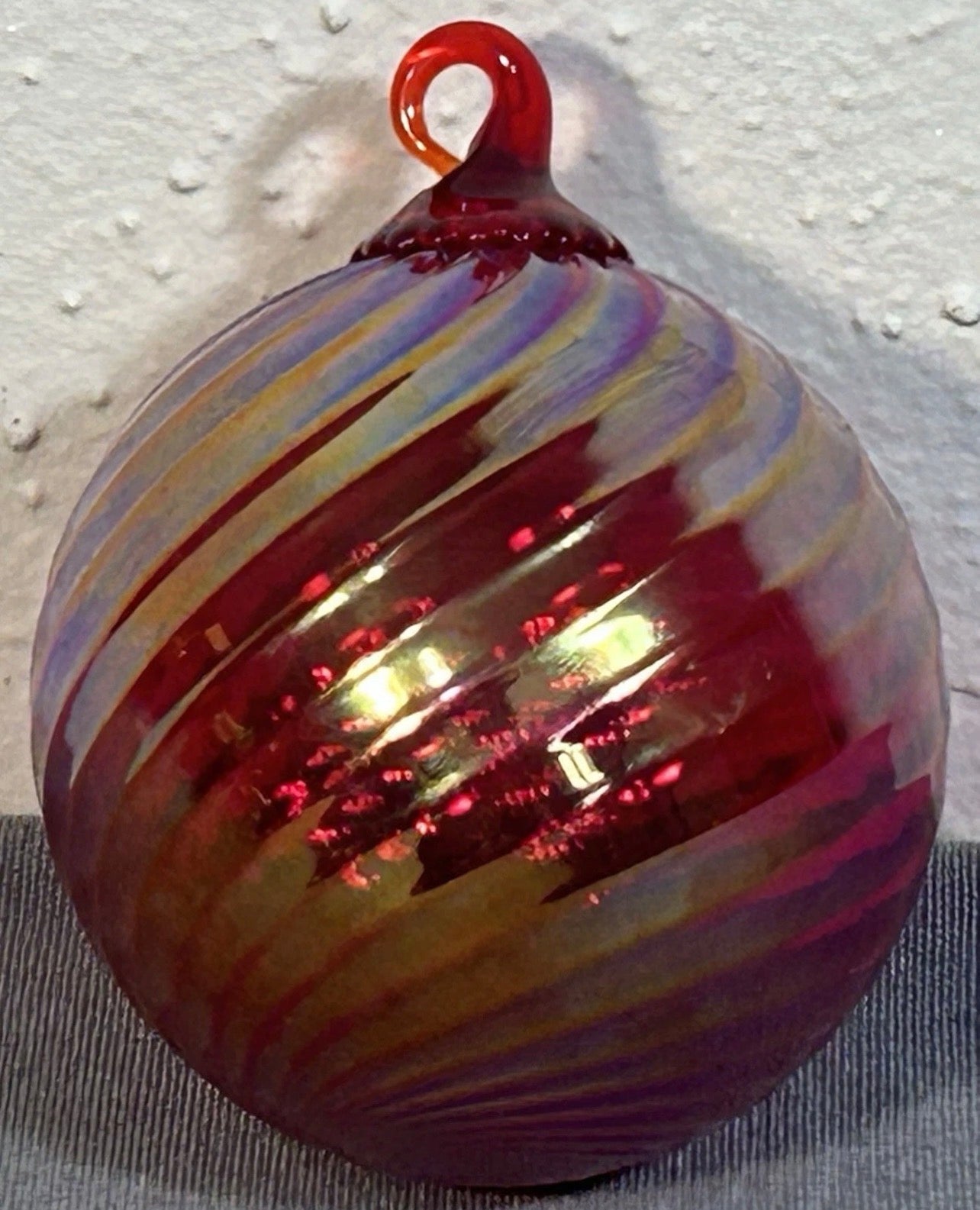 Polish Hand-Blown Iridescent Ruby Red Art Glass Round Ornament