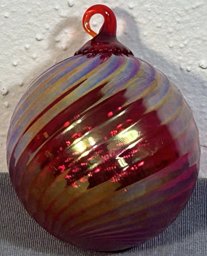 Polish Hand-Blown Iridescent Ruby Red Art Glass Round Ornament