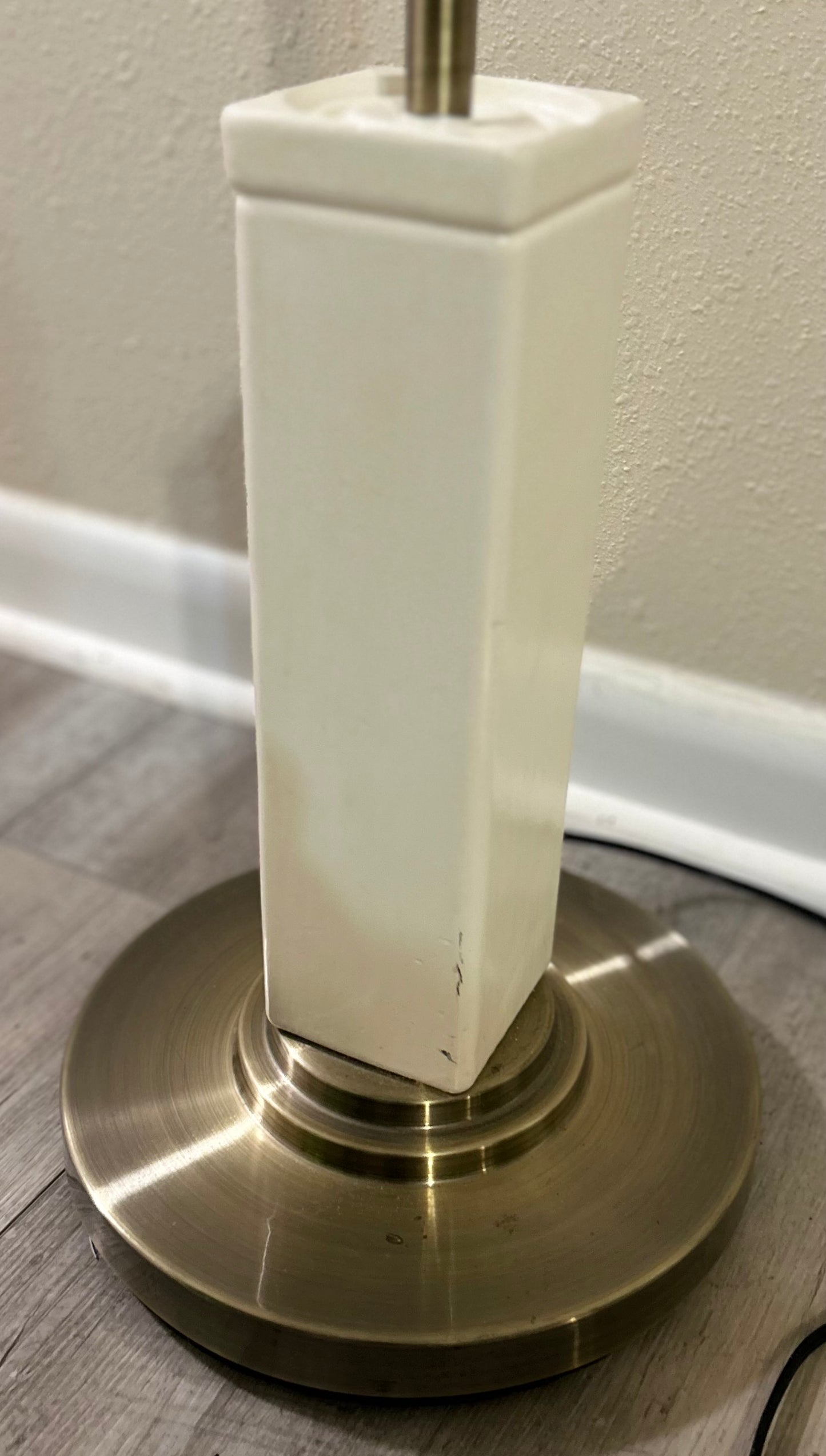 Vintage 1980’s Postmodern Brushed Brass Metal/White Wood Block Base Swingarm Floor Lamp