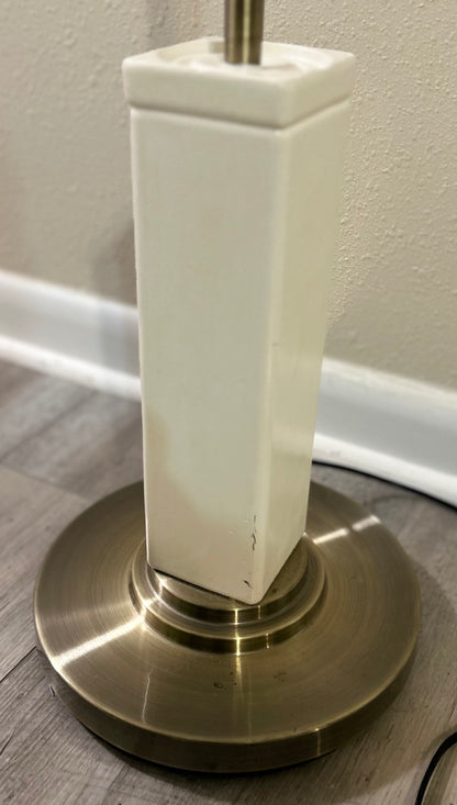 Vintage 1980’s Postmodern Brushed Brass Metal/White Wood Block Base Swingarm Floor Lamp