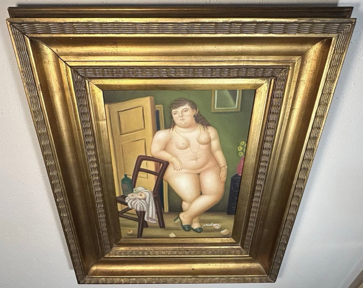 After Fernando Botero “Still Life with Oranges” Framed Oil Painting Signed Yuchevez with 2010 WYES-TV Auction Tag