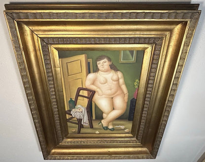 After Fernando Botero “Still Life with Oranges” Framed Oil Painting Signed Yuchevez with 2010 WYES-TV Auction Tag