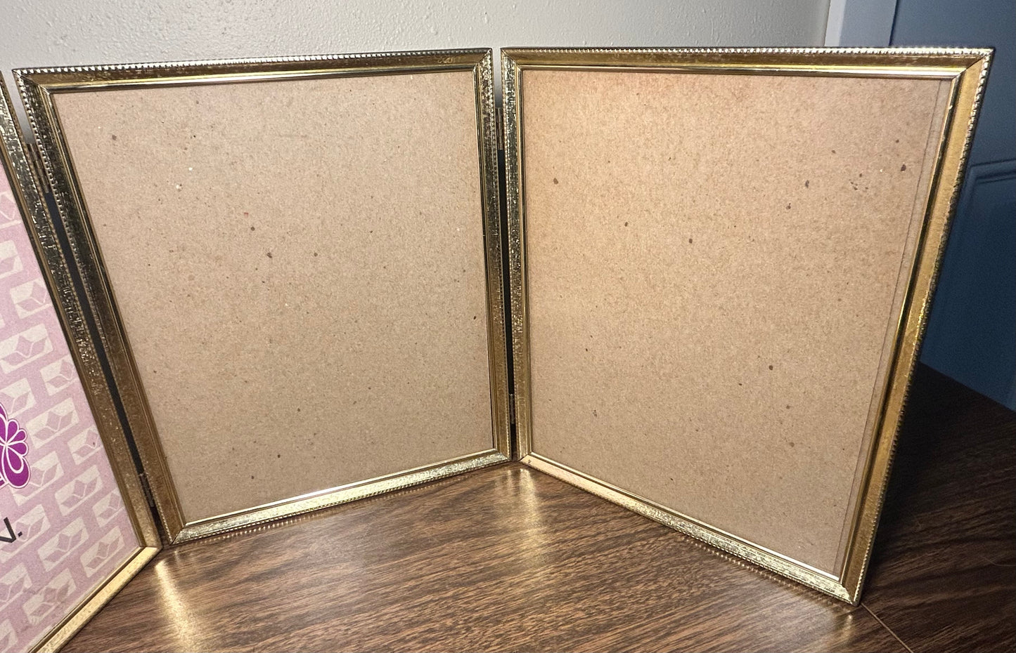 Vintage 1970’s American Woolworth Intercraft Brushed Brass Metal 8” x 10” Standing Tri-fold Picture Frame