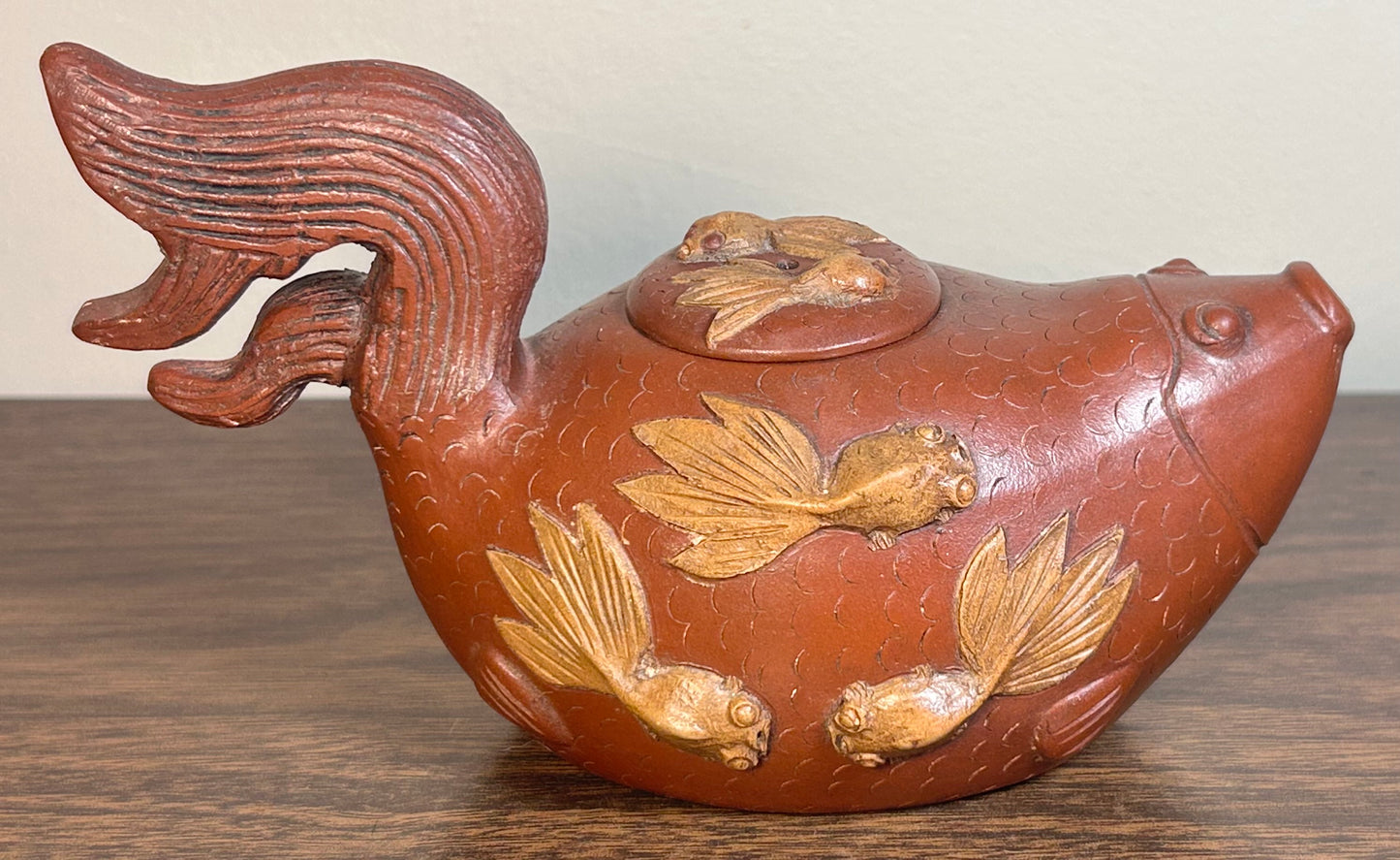 Vintage 1990’s Chinese Yixing Zisha Clay Koi Fish Form Teapot