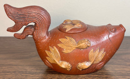 Vintage 1990’s Chinese Yixing Zisha Clay Koi Fish Form Teapot
