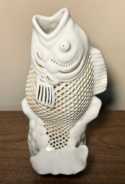 Vintage 1960’s Chinese Dehua Blanc de Chine Porcelain Reticulated Koi Carp Fish Sculpture