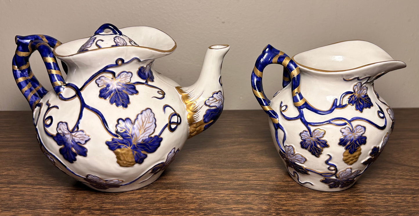 Vintage Mid 20th Century Italian Majolica Revival Style Gilded Cobalt Blue/White Porcelain Six-Piece Coffee Service Set