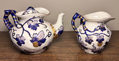 Vintage Mid 20th Century Italian Majolica Revival Style Gilded Cobalt Blue/White Porcelain Six-Piece Coffee Service Set